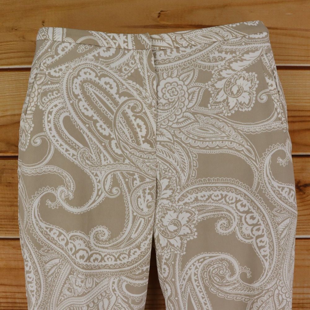 Susan Graver Pants Stretch Waist High Rise Womens 10 Beige White Paisley Pockets - Picture 3 of 7